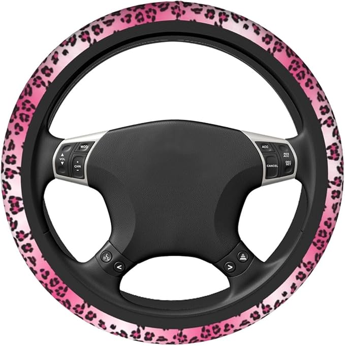 Pink Leopard Print Steering Wheel Cover Cheetah Animal Steering Wheel Cover Anti-Slip Breathable Universal for 15 Inch Car with 2 Pieces Car Coasters Suitable for Men Women