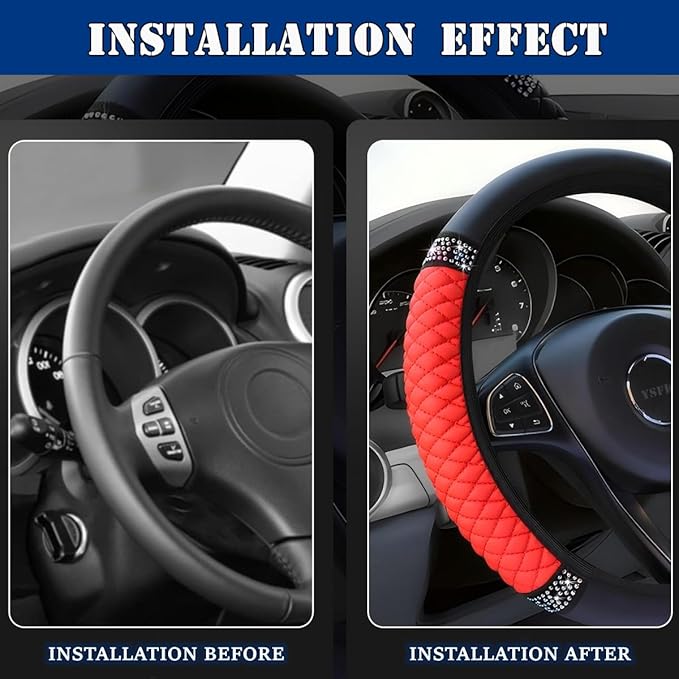 Soft Leather Car Steering Wheel Cover, Universal 15 Inch Colorful Rhinestones Anti-Slip Elastic Steering Wheel Covers for Most Cars, Sparkly Crystal Diamond for Women Girls (Red)