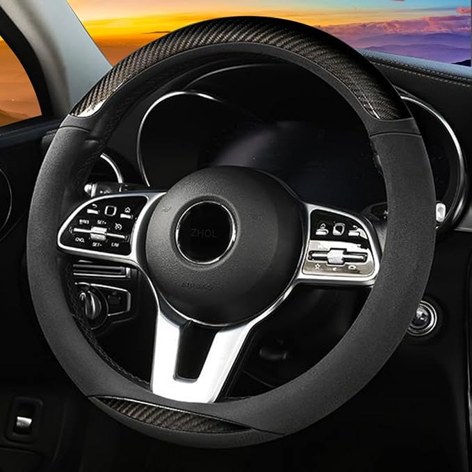 ZHOL Carbon Fiber Suede Steering Wheel Cover Universal 15 Inch Car Interior Accessories Comfortable Anti-Slip and Odorless Car Steering Wheel Cover Protector for Women and Men Gray
