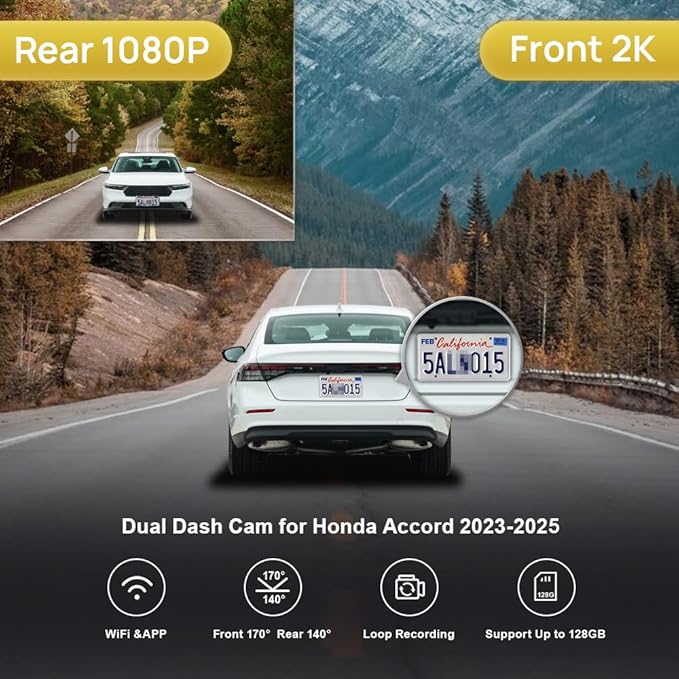 Fitcamx Front 2K+Rear 1080P Dash Cam Suitable for Honda Accord 2023 2024 2025 Hybrid Sport LX EX Touring EX-L (Gen11), OEM Look, Dual HD Video, Loop Recording WiFi, G-Sensor, Easy to Set, 64GB Card