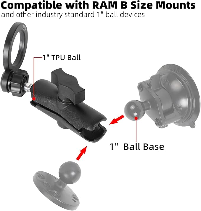 Magnetic Phone Holder Base for RAM Mounts, 1" (25mm) Ball Mount with Medium Aluminum B Size Double Socket Arm, Compatible with Magsafe iPhone 17/16/15/14/13/12 Series