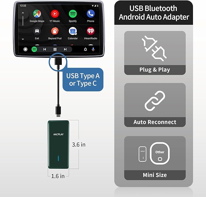 AACPLAY 2024 Wireless Android Auto Car Adapter Converts Wired Android Auto to Wireless, Android Auto Wireless Dongle for AA, USB Type-A or USB Type-C Plug-in, Version 2.0