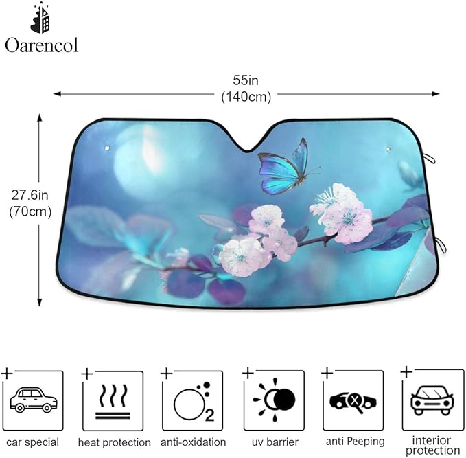 Butterfly Flowers Car Windshield Sun Shade Yellow Pink Floral Blue Foldable UV Ray Sun Visor Protector Sunshade to Keep Your Vehicle Cool (55" x 27.6")