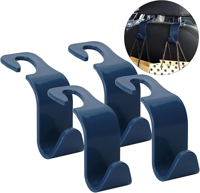 Soleebee 4 Pack Car Headrest Hooks - Universal Auto Hooks, Back Seat Hangers, Storage Organizer (Navy Blue)