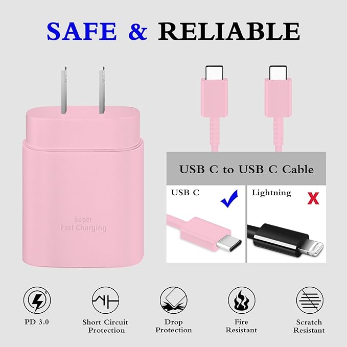 Type C Charger, 2-Pack 25W Type C Super Fast Charging Block with 6ft USB C Charger Cable Compatible with Galaxy S23 Ultra/S23+/S22/S21/S20/Phone 16/16 Plus/16 Pro Max/15/15 Pro Max/15 Plus-Pink