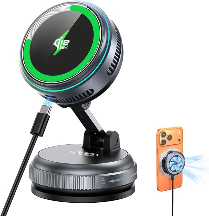 Qi2.2 Magnetic Car Mount Charger【25W Fast Charging+Ice-Cooling】 360° Rotating Fast Wireless Charger Stand with Cooling Fan/LED Light,Vacuum Magnetic Phone Holder Compatible with iPhone 12-17, S26/S25
