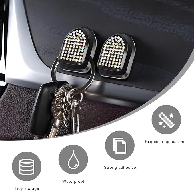 4 PCS Bling Car Mini Hooks, Cute Rhinestone Adhesive Back Seat Auto Hangers, Multifunctional Crystal Hanging Storage Hook for Vehicle Dashboard Wall Hat Coat Towel Key (Colorful)
