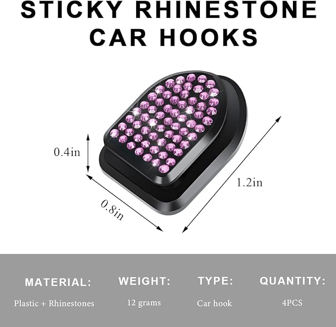 4 PCS Bling Car Mini Hooks, Cute Rhinestone Adhesive Back Seat Auto Hangers, Multifunctional Crystal Hanging Storage Hook for Vehicle Dashboard Wall Hat Coat Towel Key (Pink)