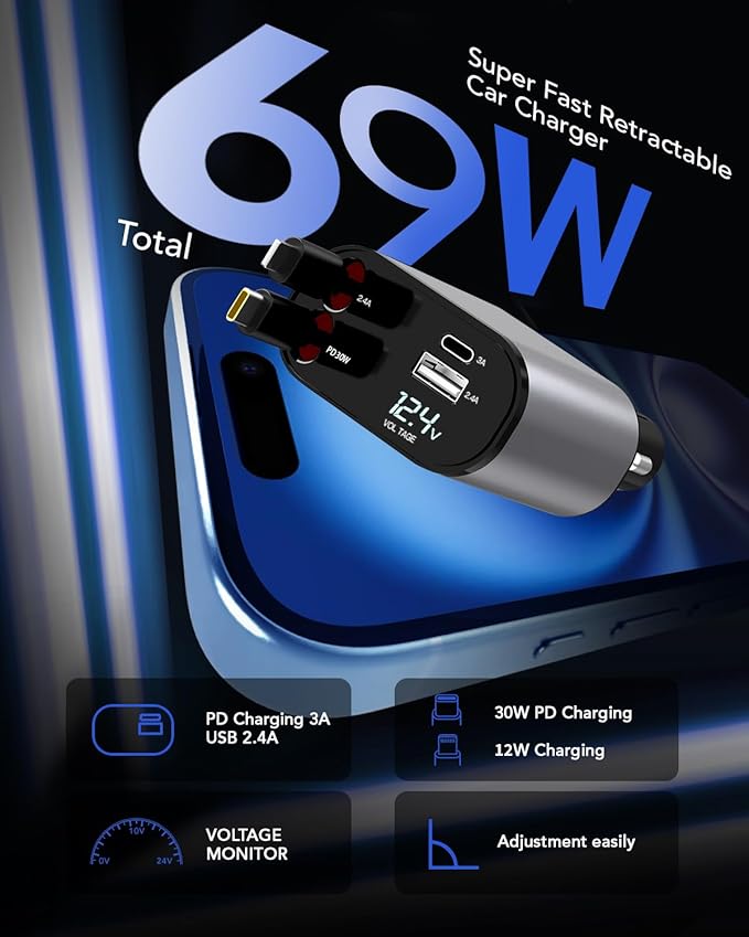 Retractable Car Charger Adapter for iPhone 17,4 in 1 Fast Charging Car Phone Charger,69W USB C Car Truck Accessories,Road Trip Essentials Gift for Men Women for iPhone 17/16/15/14/13/12,Galaxy S25