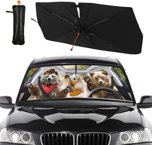 Socira Funny Bear Car Window Shades Windshield Sun Shade Umbrella Foldable Bear Sunshade for Front Window Auto Windshield Sunshade Covers Bear Car Accessories 57'' X 30''