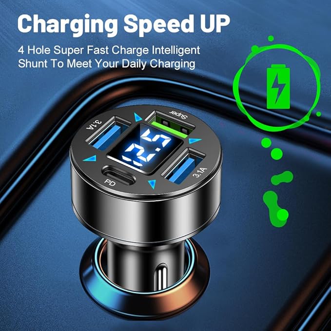 4-Port Fast Car Charger With Plug Outlet, LED Voltmeter, PD3.1, Super Port - Universal Cigarette Lighter USB Accessory Compatible With iPhone & Android (PD/Super)