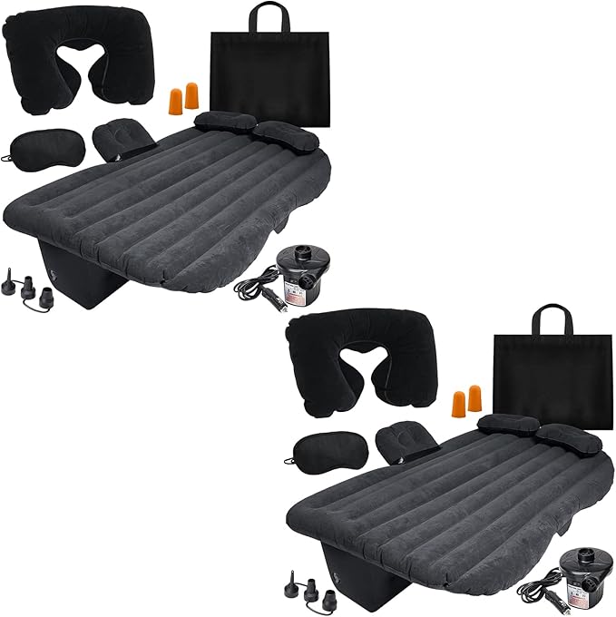 VaygWay Inflatable Car Air Mattress – Air Bed w/Pump Kit –Back Seat – Camping Vacation Blow up Bed Cushion - Sleeping Pad w/ 2 Pillows- 2 Pk Inflatable Car Mattress with Neck Pillow and Ear Plugs