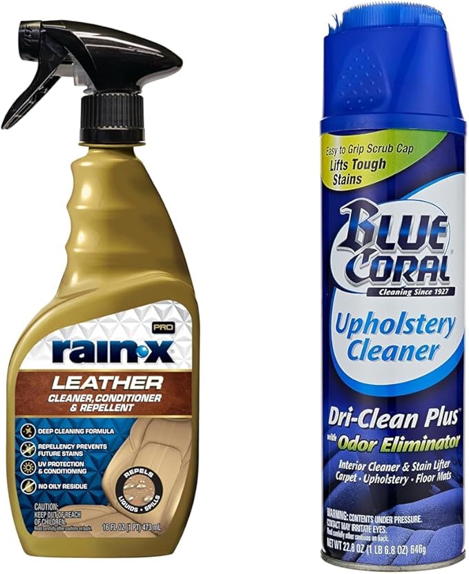 Rain-X 16 Fl Oz Leather Cleaner Conditioner & Blue Coral 22.8 oz Upholstery Cleaner Bundle - Complete Interior Care Kit for Car Seats, Carpets & Leather