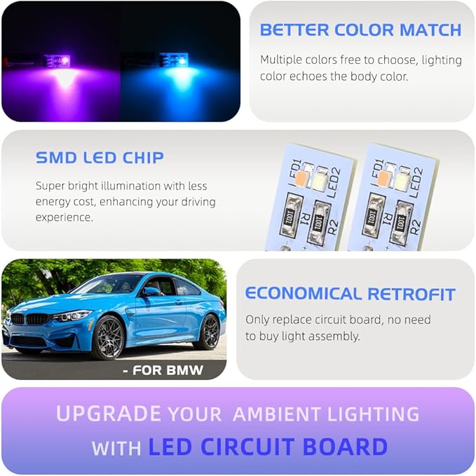 NJSBYL 4PCS Interior Door Handle Ambient Light for B-MW M4 X1 3 4 5 Series Sedan Convertible Coupe F10 F30 F31 F32 F33 F34 F36 F48 F82 F83 LED Purple-Blue Circuit Board Replacements