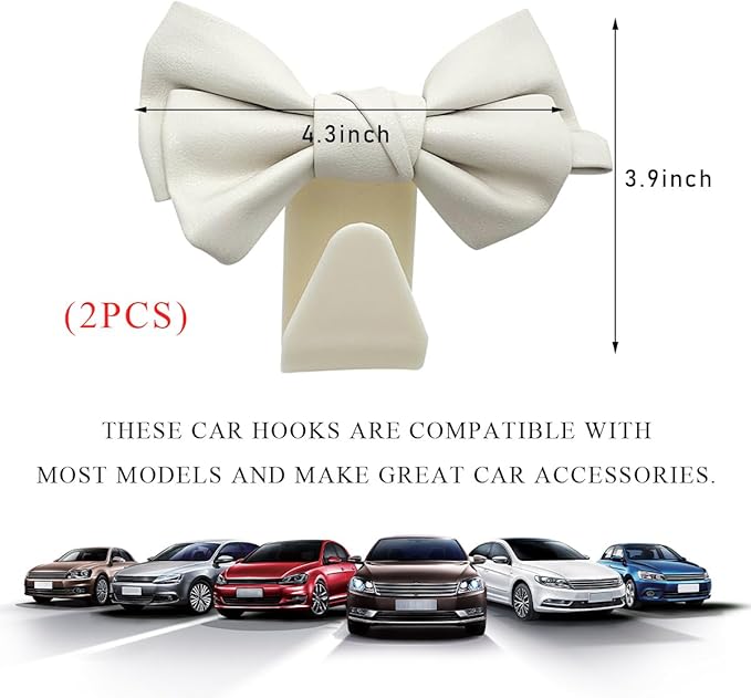 2 PCS Car Seat Headrest Hooks, Cute Bow Shaped Vehicle Backseat Storage Hooks, Leather Bow Shaped Sturdy Car Seat Back Hooks for Purses/Coats/Umbrellas, Car Accessories (White)