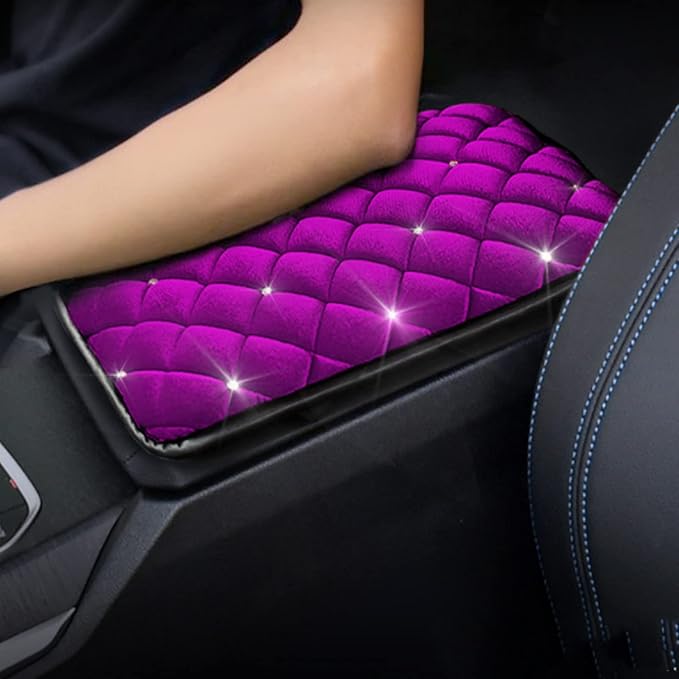 Bling Bling Car Armrest Cover Auto Center Console Protective Cover Luster Crystal Rhinestone Car Arm Rest Cushion Pad Car Interior Accessory (Purple 2)