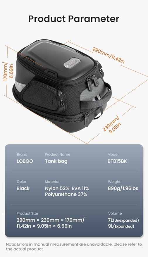 Loboo Motorcycle Tank Bag Expandable Motorcycle Bag, Magnetic Suction Quick Release ，Compatible With CFMOTO 400GT 250CL-X 450SR 450NK (BTB15, Tank Bag Base Adapter 601)