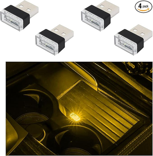 Augeny 4 PCS USB LED Car Interior Atmosphere Lamp, Plug-in USB Decor Night Light, Portable Auto Ambient Lighting Kit, Universal Vehicle Interior Accessories for Most Cars (Yellow)