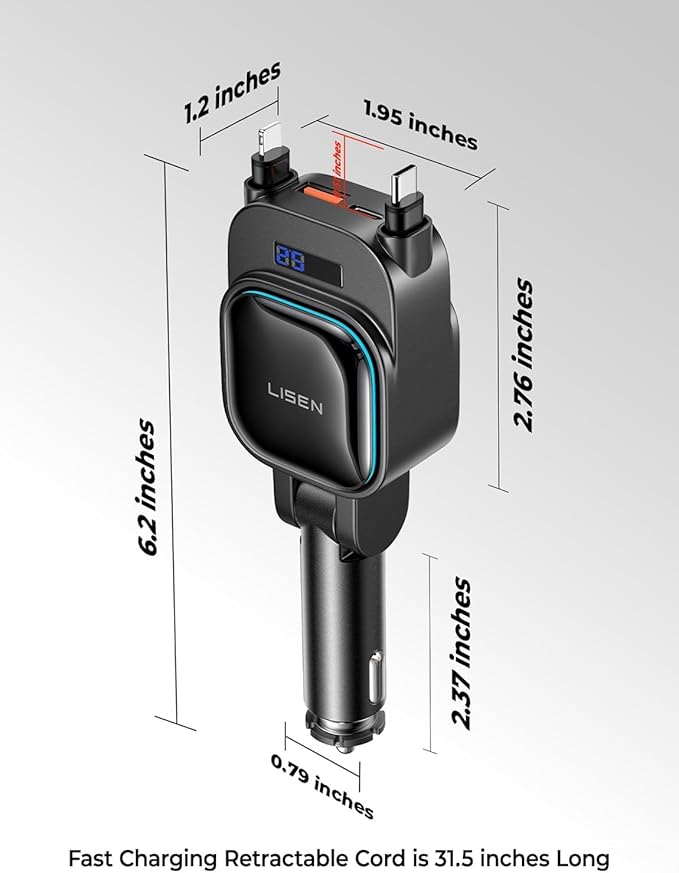 LISEN 96W Fast Charging Retractable Car Charger[USB C Cable & L Cable], 4 in 1 Retractable Car Charger Fast Charging Car Charger for iPhone 17 Pro Max 16 15 14 13, Samsung Galaxy S25/24,Black
