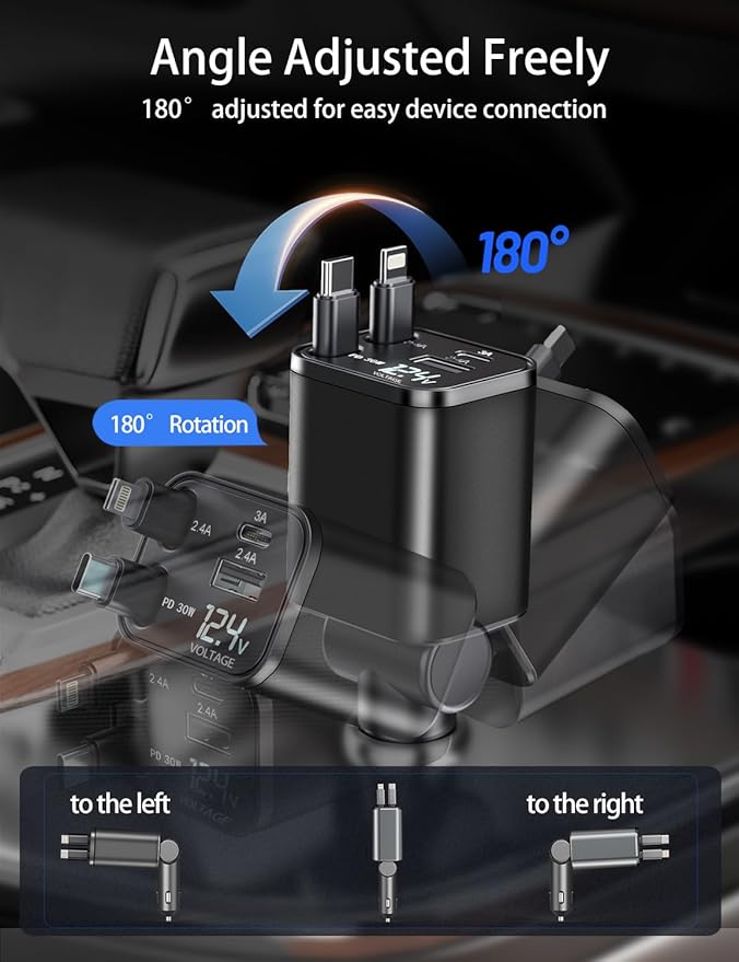 Retractable Car Charger, 4 in 1 Fast Car Charging USB c,Road Trip Essentials,Travel Essentials Gifts for Women Men, Car Accessories for iPhone 16 15 14 13 12, Samsung, Black