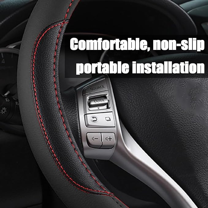 BELOMI Leather Car Steering Wheel Cover, Universal 15 Inch for Car Truck SUV, Non-Slip and Breathable, Sport Style Design Odorless Steering Wheel Protector, Automotive Interior Accessories (Black)