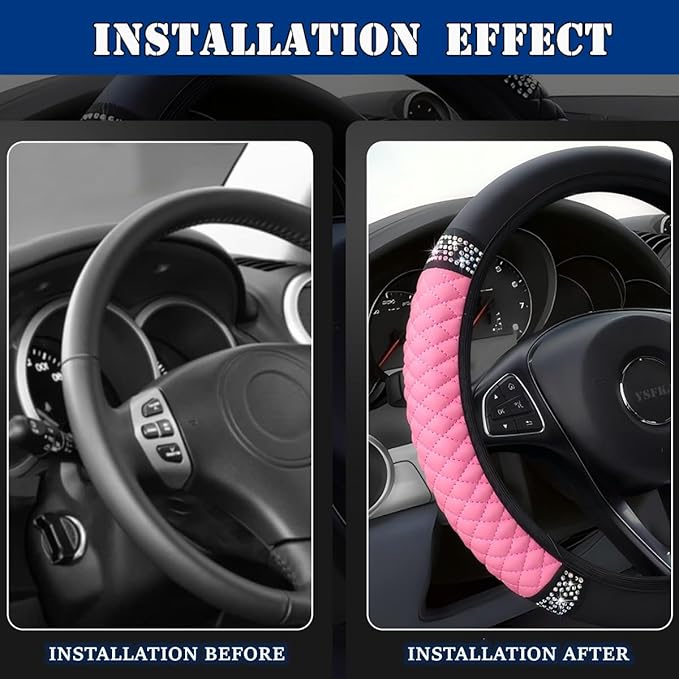Soft Leather Car Steering Wheel Cover, Universal 15 Inch Colorful Rhinestones Anti-Slip Elastic Steering Wheel Covers for Most Cars, Sparkly Crystal Diamond for Women Girls (Pink)