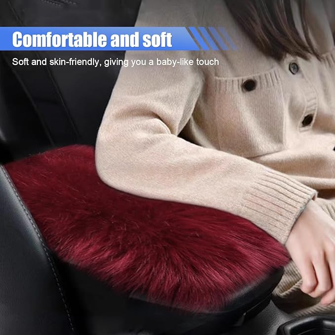 Auto Center Console Cover Pad, 11.81"x 7.87" Warm & Furry Winter Car Armrest Cover, Soft Faux Sheepskin Wool Car Armrest Seat Box Protector Cushion, Universal Interior Accessory (Burgundy)