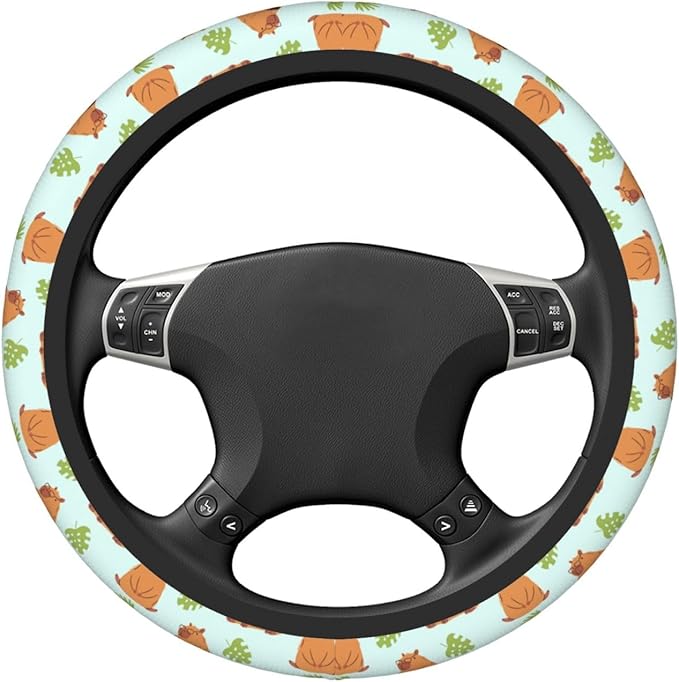 Capybaras and Leaves Steering Wheel Cover for Women Elastic Rubber Steering Wheel Universal 15 Inch Fit for Cars, Auto, SUVs