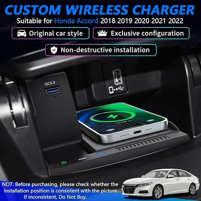 Wireless Car Charger for Honda Accord 2018 2019 2020 2021 2022, Wireless Fast Phone Charging Pad, Fit for Honda 10th Gen Accord Hybrid LX/Sport/EX/EX-L/Touring Interior Accessories Upgrades