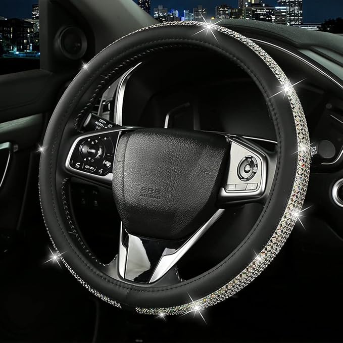 Bling Dianmond Leather Steering Wheel Cover for Women Girls with Crystal Rhinestones, Universal Fit 14.5“-15” in Car Steering Wheel Cover Accessories