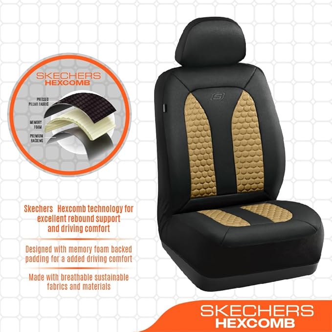 Skechers Memory Foam™ Car Seat Covers, Hexcomb Breathable Thick Seat Covers Two Front Seat Covers, Airbag Compatible, Automotive Comfort & Protection for Most Cars,Van,Trucks, SUVs (Beige,Two Front)