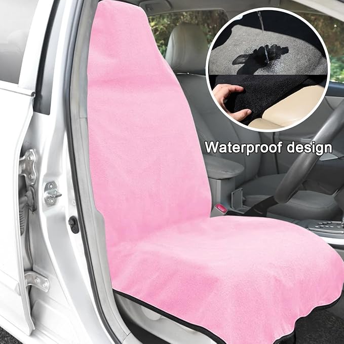 Waterproof Car Towel Seat Cover, Sweating Non-Slip Premium Towel Carseat Cover Protector, Universal Soft Machine Washable Car Truck SUV Front Seat Cover for Gym Workout Beach Hiking (Pink)
