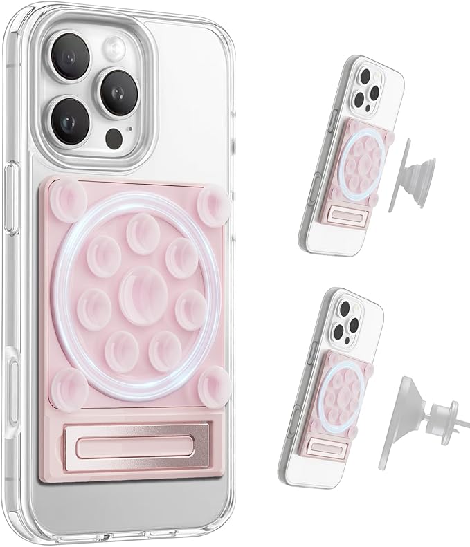 SEMBO Silicone Suction Phone Case Adhesive Sticky Grip Stand with Mag-Back for MagSafe Car/Wall Mounts, Strong Magnetic Holder for Fridge, Gym Equipment, Shower, Hands-Free Selfie (Pink, Adhesive)