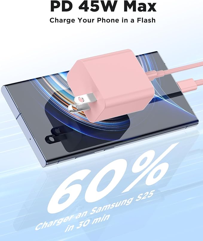 3Pack 45W Super Fast Charger Type C 10FT, USB C Android Phone Charger Fast Charging Block with Ertra Long Type-C Charger Cord for Samsung Galaxy S25/S25 Ultra/S25+/S24 Ultra/S24/S24+/S23/S22/S21-Pink