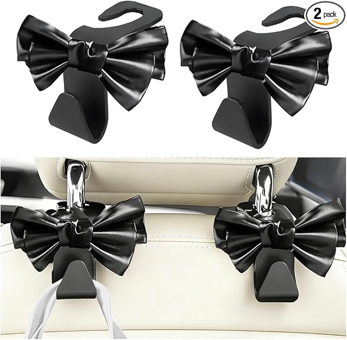 2PCS Cute Bow Car Seat Headrest Hook, Multifunctional Backseat Storage Hanger for Purse Handbag Coat, Automotive Seat Back Bag Holder Organizer, Universal for SUV RV Truck (Black)