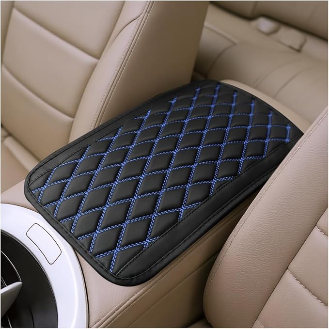 Car Center Console Cover, Scratch-Resistant Leather Vehicle Armrest Seat Storage Box Protector Cushion, Comfortable Automotive Interior Armrest Pad Mat, Universal Fit (Black/Blue)