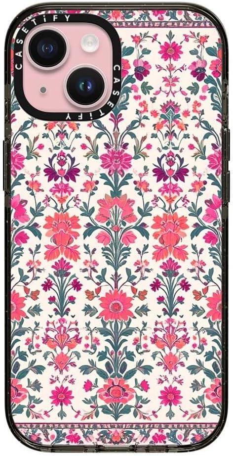 CASETiFY Impact iPhone 15 Case [Slim/Compatible with Magsafe / 8.2 ft. 4X Military Grade Drop Protection] - Persian Floral - Rose - Clear Black