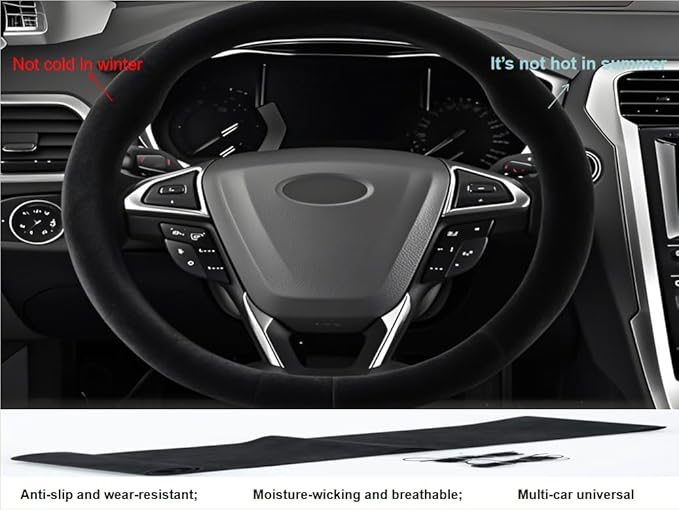 Steering Wheel Cover (Suede Leather), DIY Hand Sewn, Suitable for Both Men and Women, 15 inch Universal（Black）