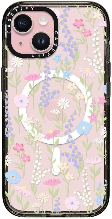 CASETiFY Impact iPhone 15 Case [4X Military Grade Drop Tested / 8.2ft Drop Protection/Compatible with Magsafe] - Pink Pastel Cute Floral - Clear Black