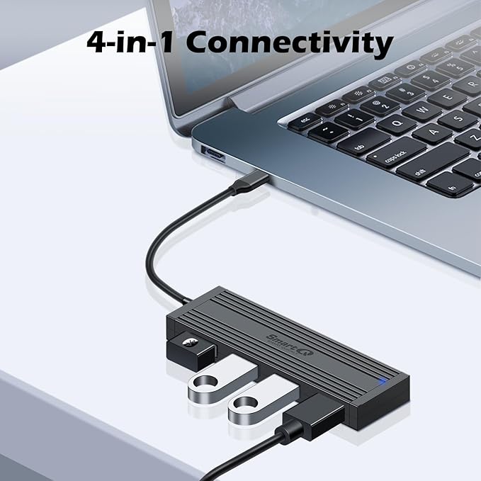 4-Port USB 3.0 Ultra-Thin Data Hub USB Distributor, Suitable for MacBook, Mac Pro/Mini, iMac, Surface Pro, XPS, laptops, USB Flash Drives, Mobile HDD, Printers, and More… (Slim USB C - 0.5 ft)