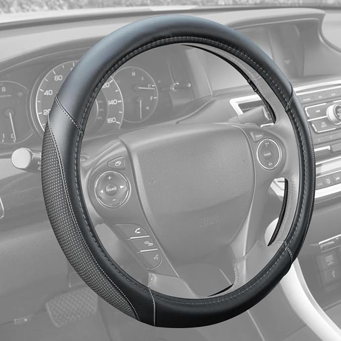 Motor Trend White Steering Wheel Cover - Dotted Comfort Polyester Grip on Stitched Synthetic Leather, White/Black