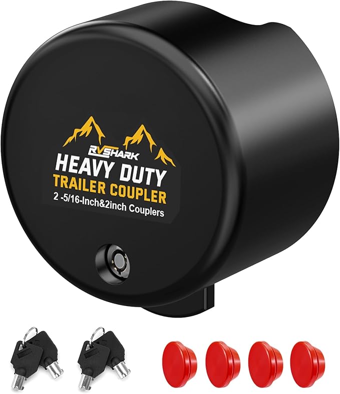Trailer Hitch Lock, Heavy Duty Trailer Coupler Lock Fits 2-5/16"&2" Couplers, Anti-Theft Structural Steel Tongue Lock Essentials Accessories for RV, Trailer, Boat, Cargo, Camper, Utility–Black