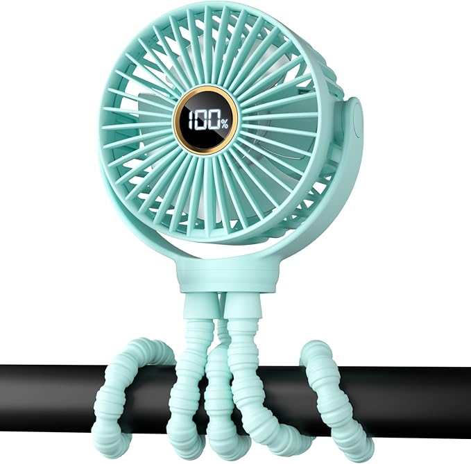 Portable Stroller Mini Fan, Small Rechargeable Personal Fan, Travel Essentials for Baby, Wagon, Car Seat, Treadmill, Battery Powered Biking Gear Accessories, 360° Rotation, 3-Speed, Display, Aqua