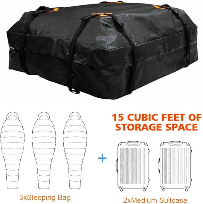 Car Roof Bag, Car Rooftop Cargo Carrier Bag, Rooftop top Cargo Carrier Bag Waterproof 15 Cubic feet for All Top of Vehicle with/Without Rack Includes Topper