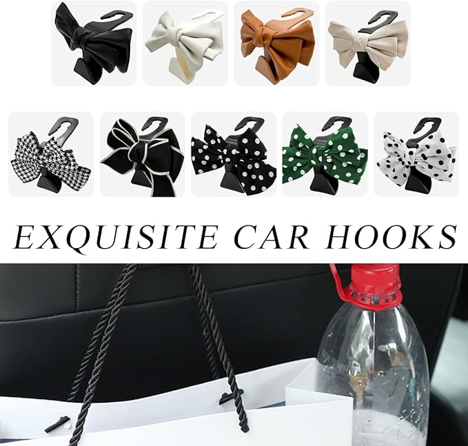 2 PCS Car Seat Headrest Hooks, Cute Bow Shaped Vehicle Backseat Storage Hooks, Leather Bow Shaped Sturdy Car Seat Back Hooks for Purses/Coats/Umbrellas, Car Accessories (Green Dot)