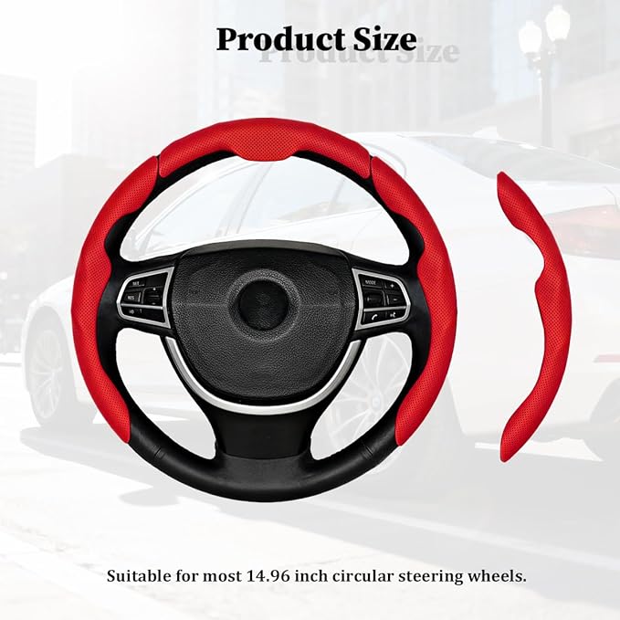 3PCS Car Steering Wheel Cover, Nappa Leather Breathable Non-Slip Segmented Steering Wheel Protector, Snap-on Auto Interior Decoration Accessories, Universal Fit (Red)