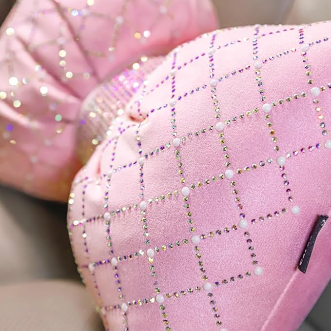 Pink Bow Lumbar Support Pillow for Car Accessory Women Girl Couch Cushion Decorative Back Pillow Bling Rhinestone Pearls 1 Pack
