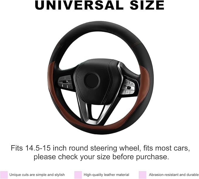 Leather Steering Wheel Cover, 15 Inch Soft Breathable Car Wheel Cover with Anti-Slip Lining, Universal Comfortable Steering Wheel Protector for Most Cars Trucks SUVs (Coffee)