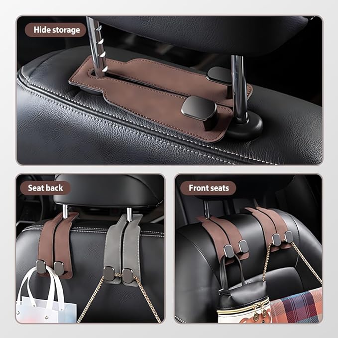 Car Seat Back Storage Hook, 2026 New Two Hook Fur Leather Seat Back Headrest Hanger Genuine Leather Double Metal Hook for Backseat Organizer, Car Organization Accessories (4, Brown)