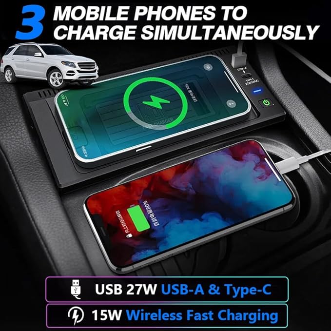 Wireless Car Charger for Mercedes-Benz GLE/GLS/GL/ML 2012-2019, OEM Custom Fit with 27W USB-A & Type-C Wireless Fast Phone Charging Pad for Mercedes-Benz W166 X166 C292 Interior Accessories